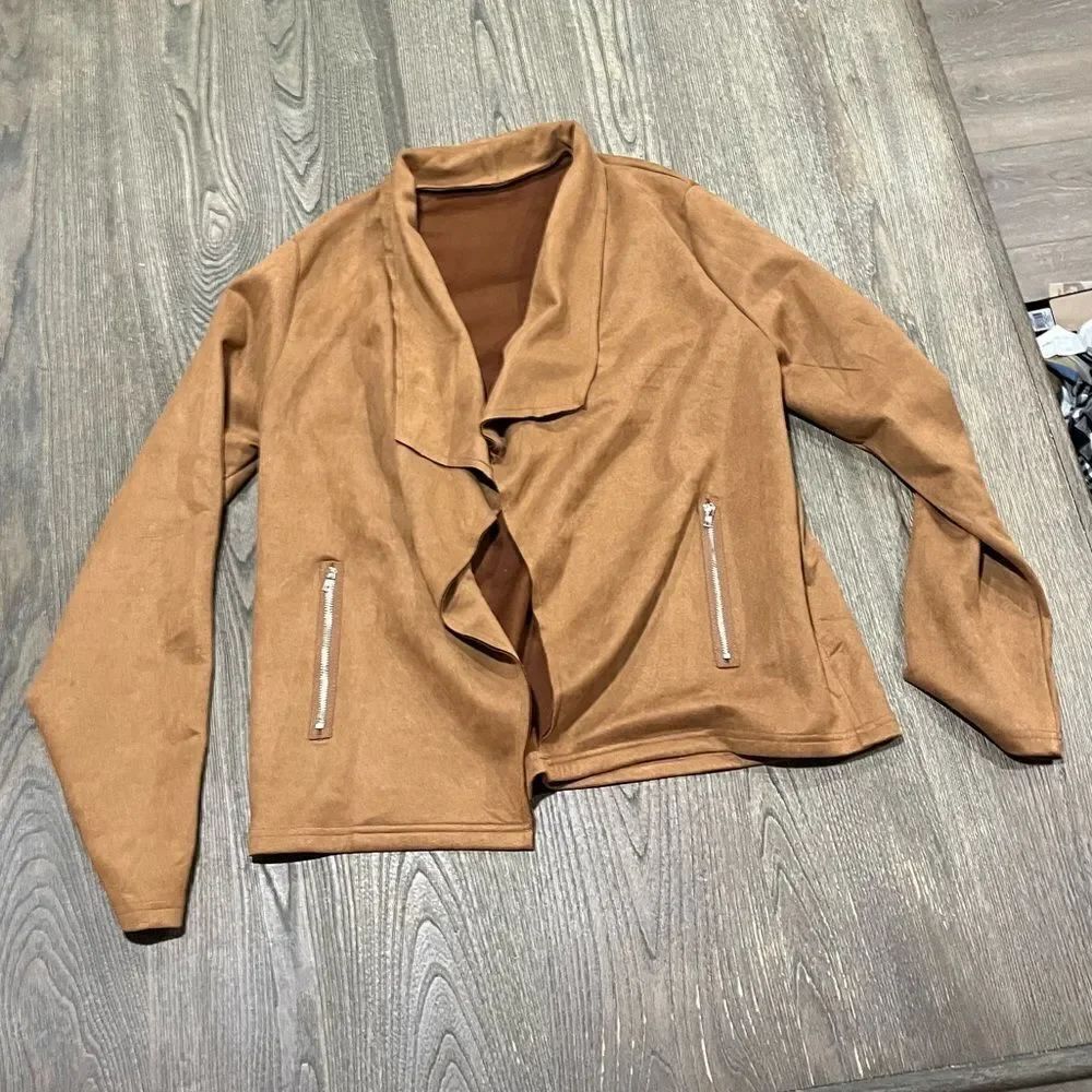 Shein Suede Frenchy Waterfall Collar Coat Zipper Pockets Open Front Tan Size XL